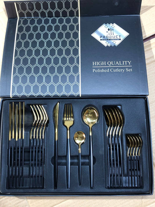 24 Pcs Premium Stainless Steel Dining Cutlery Set Golden Black